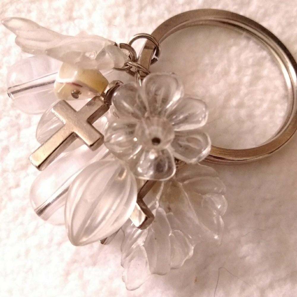 3/$30 Christian cross leaf flower glass keychain
